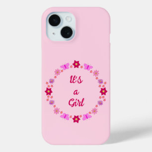 Coque Pour iPhone 15 Bébé rose Papillons et fleurs personnalisés