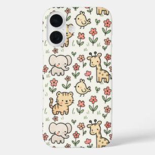 Coque Pour iPhone 16 Bébé Safari Animal Avec Fleurs De Doodle