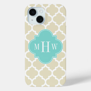 Coque Pour iPhone 15 Beige, Wt Marocain #5 Turquoise 3 Monogramme Initi