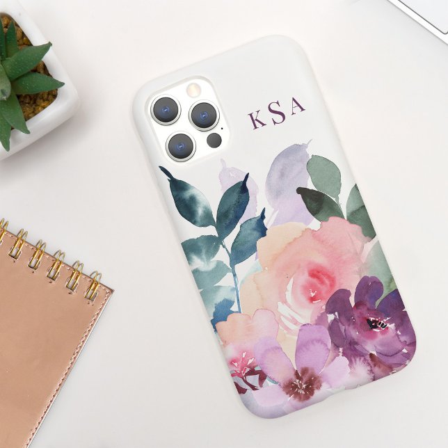 Coques Case-Mate iPhone Belle aquarelle Florales botaniques + Monogramme (Créateur téléchargé)