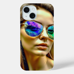 Coque Pour iPhone 15 Belle fille avec lunettes de soleil Fleurs de réfl