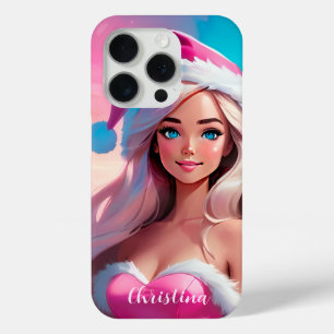 Coque iPhone 15 Pro Belle fille de Noël rose 01