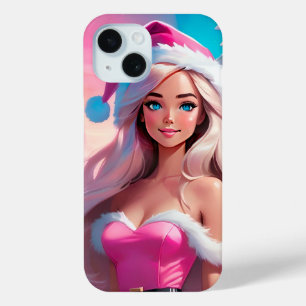 Coque Pour iPhone 15 Belle fille de Noël rose 01