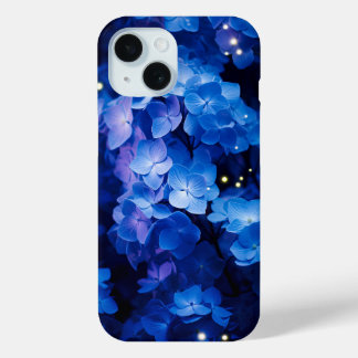 Coque Pour iPhone 15 Belle Hydrangée Bleue Fleurs en Nuit