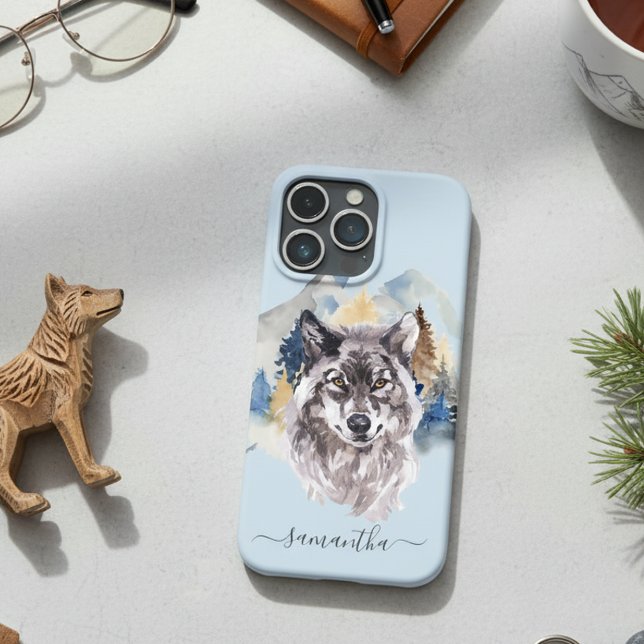 Coques Case-Mate iPhone Belle Tête de loup Aquarelle Forêt Monogramme (Créateur téléchargé)