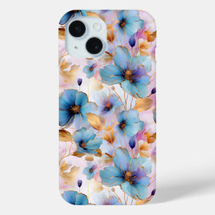 Coque Pour iPhone 15 Belles fleurs bleues Encre d'alcool dans les paste