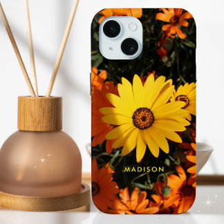 Coque Pour iPhone 15 Belles Fleurs Jaunes Oranges Nom personnalisé