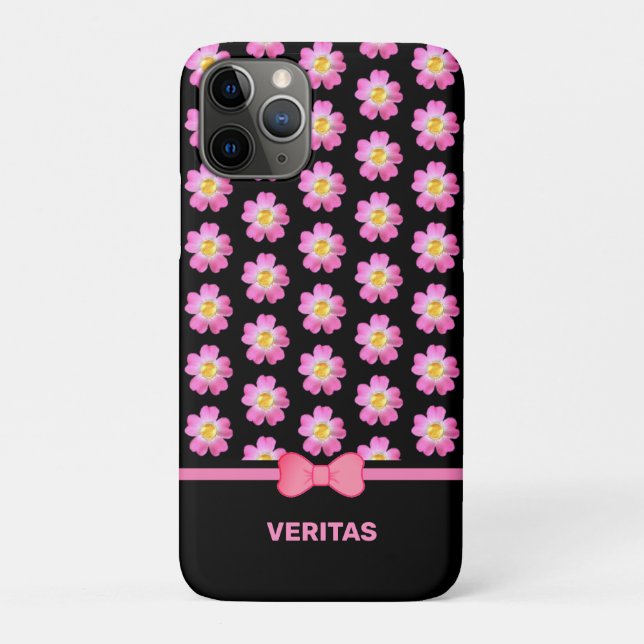 Coques Case-Mate iPhone Belles fleurs roses sur noir & nom de texte (Dos)