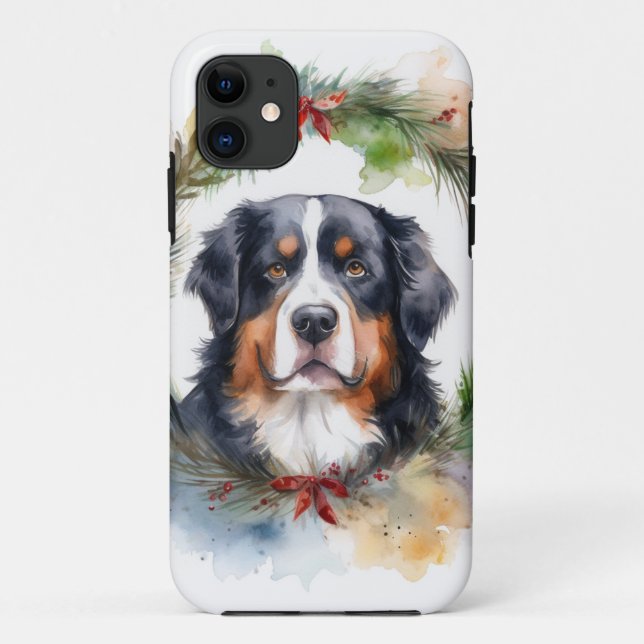 Coques Case-Mate iPhone Bernois Mountain Festive Wreath Pup (Dos)
