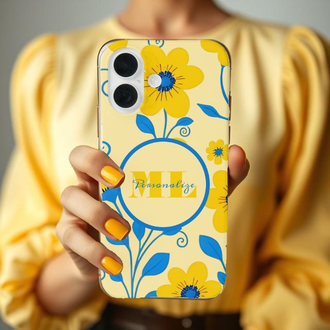 Coques Case-Mate iPhone Beurre de monogramme Floral jaune et bleu (Monogram Butter Yellow and Blue Floral Case-Mate iPhone Case )