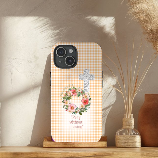 Coques Case-Mate iPhone Bible Croix Couronne de Rose à carreaux orange Fém (Créateur téléchargé)