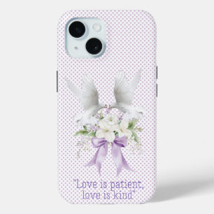 Coque Pour iPhone 15 Bible Féminin Mauve Petits Points Colombe Blanche