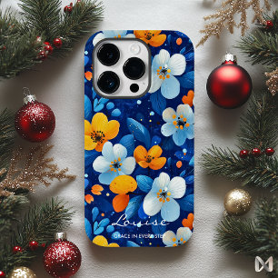 Coque Pour iPhone 14 Pro Bien-être Élégance Florale Vibrante Bleu et Orange