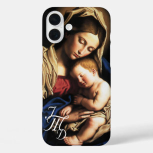 Coques iPhone 16 Plus Bienheureuse Mère et Christ Enfant Monogrammé