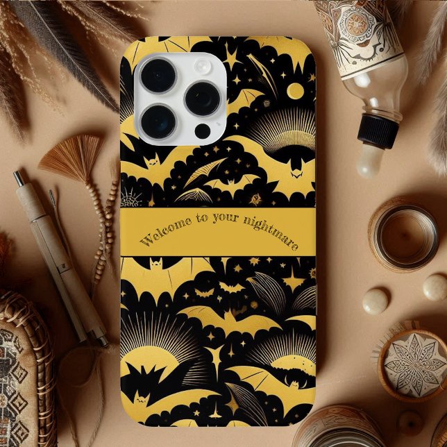 Coques Case-Mate iPhone Bienvenue à votre citation d'Halloween de chauve-s (Welcome to Your Nightmare Gold Bat Halloween Quote Case-Mate iPhone Case)