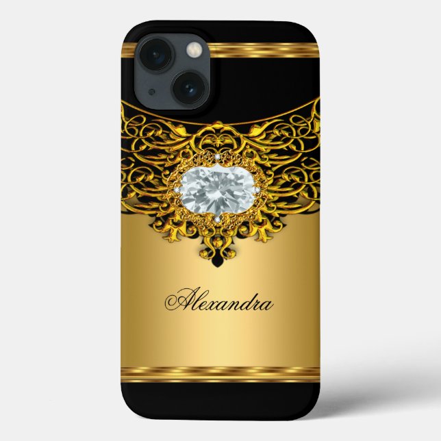 Coques Case-Mate iPhone Bijou fleuri de diamant de noir majestueux d'or (Verso)