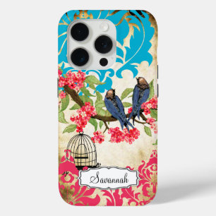 Coque iPhone 15 Pro Birdcage Oiseau Corail rose Aqua Damask