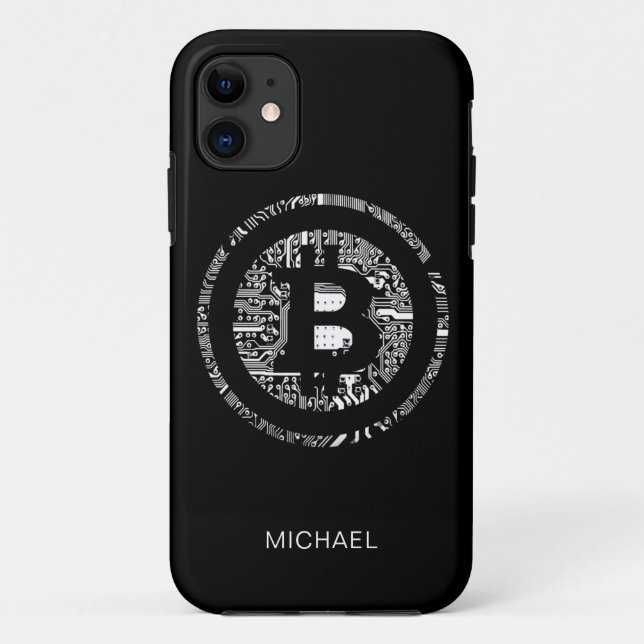 Coques Case-Mate iPhone Bitcoin Logo Circuit Board Noir Nom personnalisé (Dos)