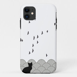 Coque iPhone 11 Black and white cat and birds iPhone marie