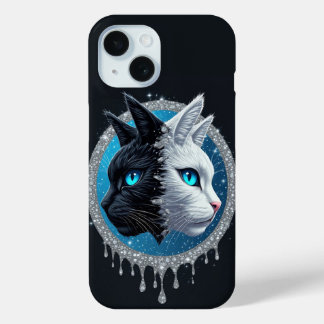 Coque Pour iPhone 15 Black and White Cat Split Portrait With Blue Eyes