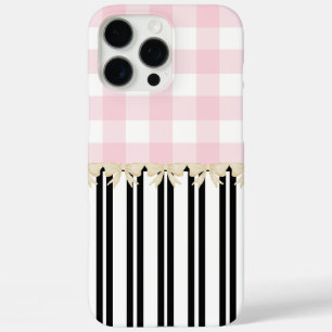 Coques iPhone 16 Pro Max Black and White Stripe Pink Check Paris Inspiré