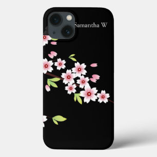 iPhone 13 Case Black avec rose et vert cerisier en fleurs Sakura