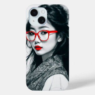 Coque Pour iPhone 15 Black Blanc Asiatique Portrait Lèvres Rouges Et Ve