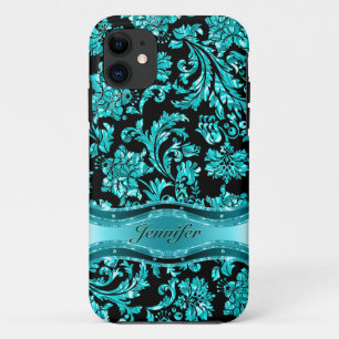 Coque iPhone 11 Black & Blue Metallic Floral Damas Customisé