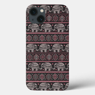 iPhone 13 Coque Black Ethnic Elephant Pattern