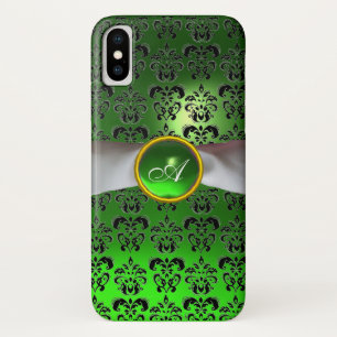 Coque Case-Mate Pour iPhone BLACK GREEN DAMASK GEM ONOGRAM ruban blanc