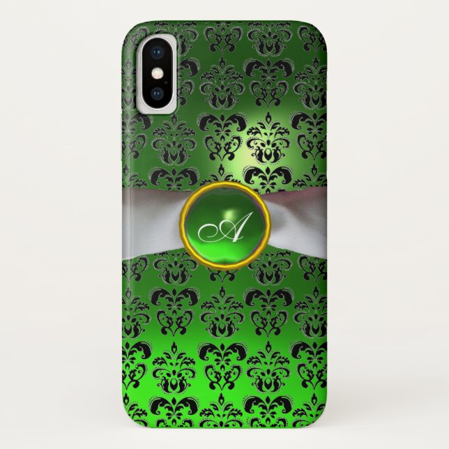 Coques Case-Mate iPhone BLACK GREEN DAMASK GEM ONOGRAM ruban blanc (Dos)