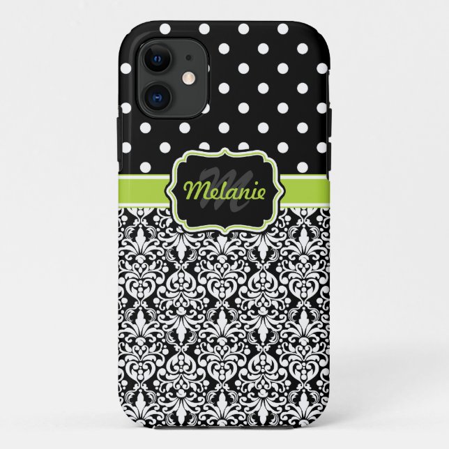 Coques Case-Mate iPhone Black Green Monogramme Damask Pois Motif (Dos)