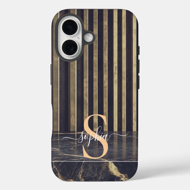 Coques Case-Mate iPhone black marble gold glitter monogram (Verso)