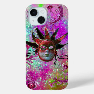 Coque Pour iPhone 15 BLACK RED JESTER MASK Masquerade Party Purple Blue
