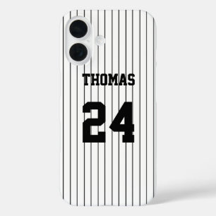 Coque Pour iPhone 16 Black Stripes White Basball Jersey Nom Numéro