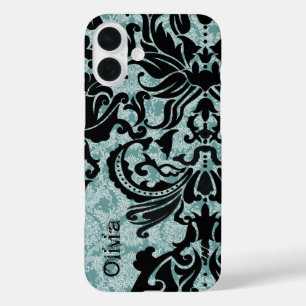 Coques iPhone 16 Plus Black Vector Damas Vintage Bleu