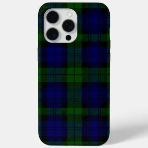 Coque iPhone 15 Pro Max Black Watch Tartan bleu vert Plaid