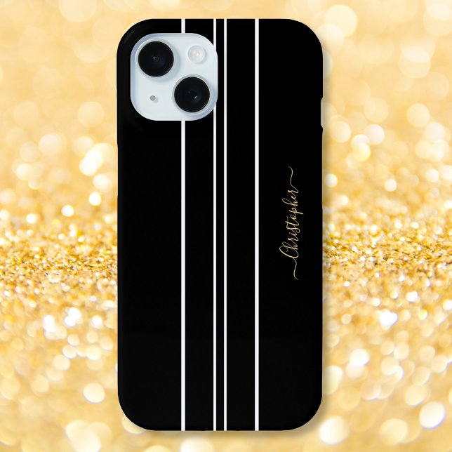 Coques Case-Mate iPhone Black White Racing Stripes Chic Gold Monogrammed (Black White Racing Stripes Chic Gold Monogrammed Case-Mate iPhone Case)