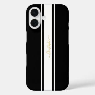 Coque Pour iPhone 16 Black White Racing Stripes Or Monogrammed Chic