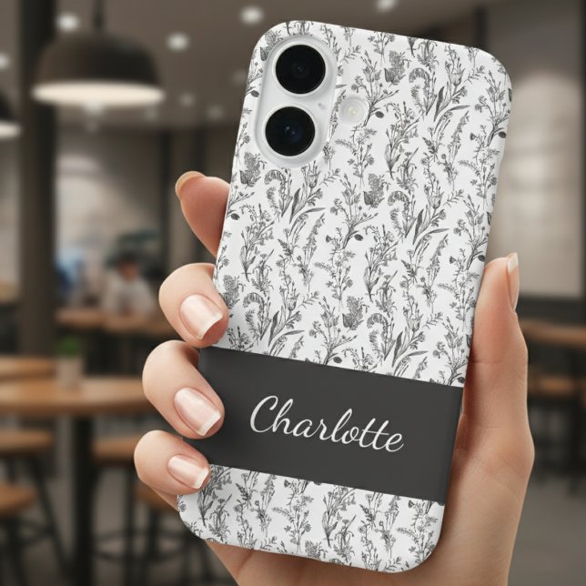 Coques Case-Mate iPhone Black White Toile Floral Custom Name (black and white minimalist toile pattern iphone case with custom name for gift for her)