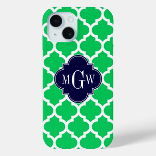 Coque Pour iPhone 15 Blanc Emeraude Marocain #5 Navy 3 Monogramme Initi