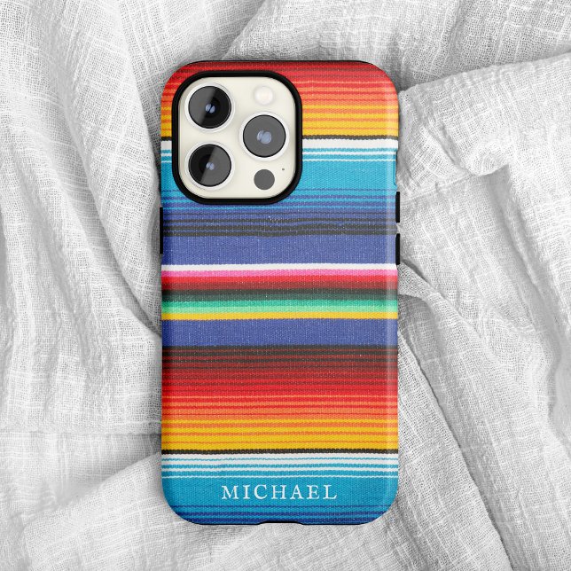 Coques Case-Mate iPhone Blanche à rayures mexicaine colorée avec nom (Créateur téléchargé)