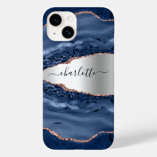 Coque Pour iPhone 14 Bleu agate marbre rose or argent nom script