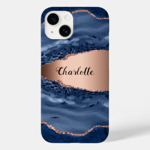 Coque Pour iPhone 14 Bleu agate marbre rose or nom script