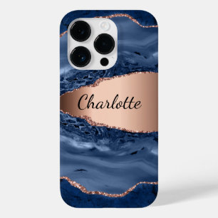 Coque Pour iPhone 14 Pro Bleu agate marbre rose or nom script