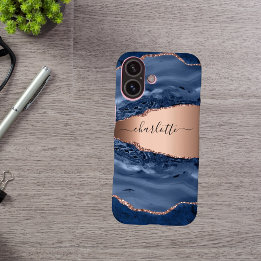 Coque Pour iPhone 16 Bleu agate marbre rose or nom script