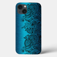 Bleu Aqua Métallurgique Avec Dentelle Paisley Noir