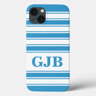 iPhone 13 Case Bleu, bande horizontale avec monogramme