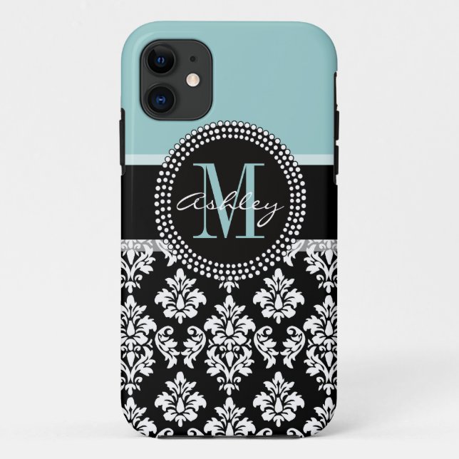 COQUES Case-Mate iPhone BLEU, BLACK DAMASK, VOTRE MONOGRAM, VOTRE NOM (Dos)