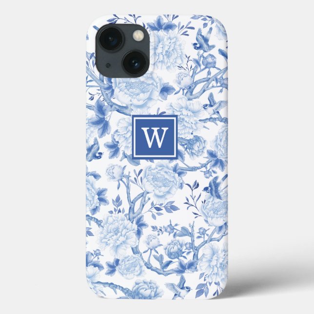 Coques Case-Mate iPhone Bleu Blanc Chinoiserie Oiseau Peony Jardin Monogra (Verso)